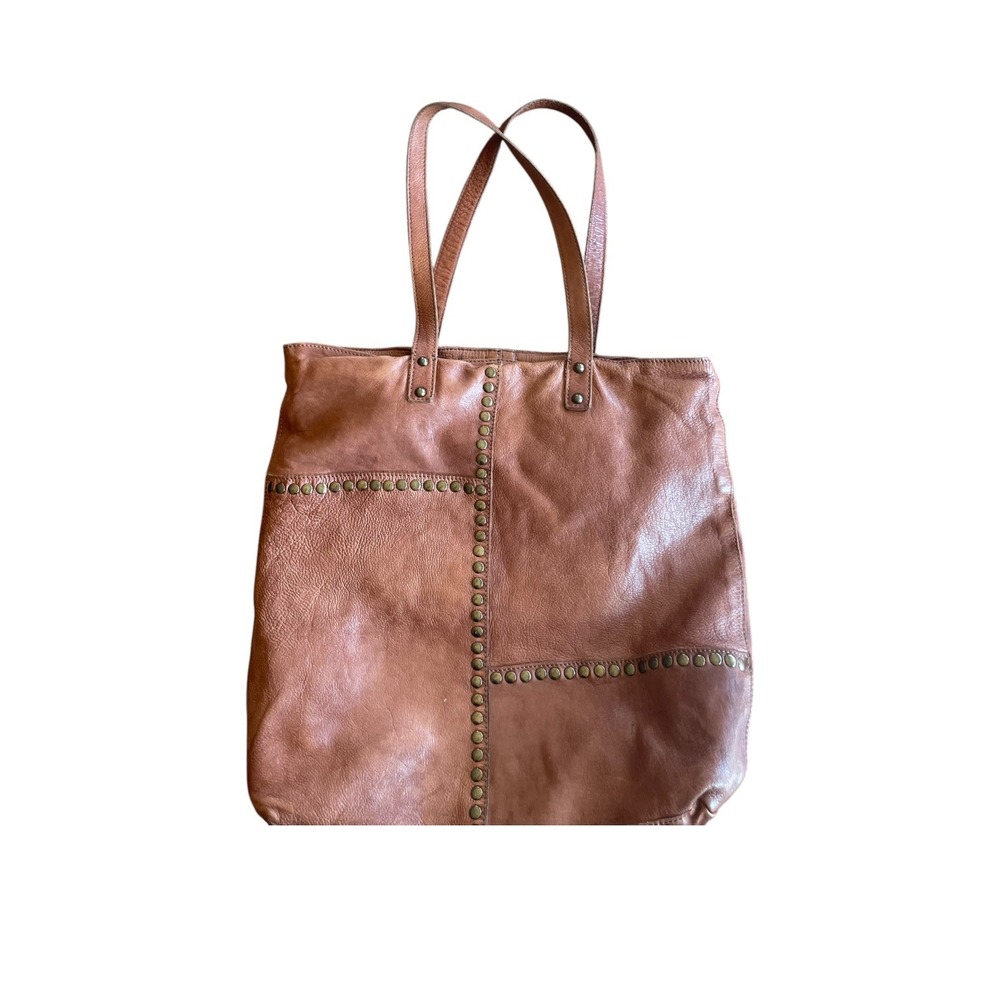 Genuine Leather Vegetable Tanned Studded Tote Bag Cognac Brown Shoulder Bag - Picture 5 of 6